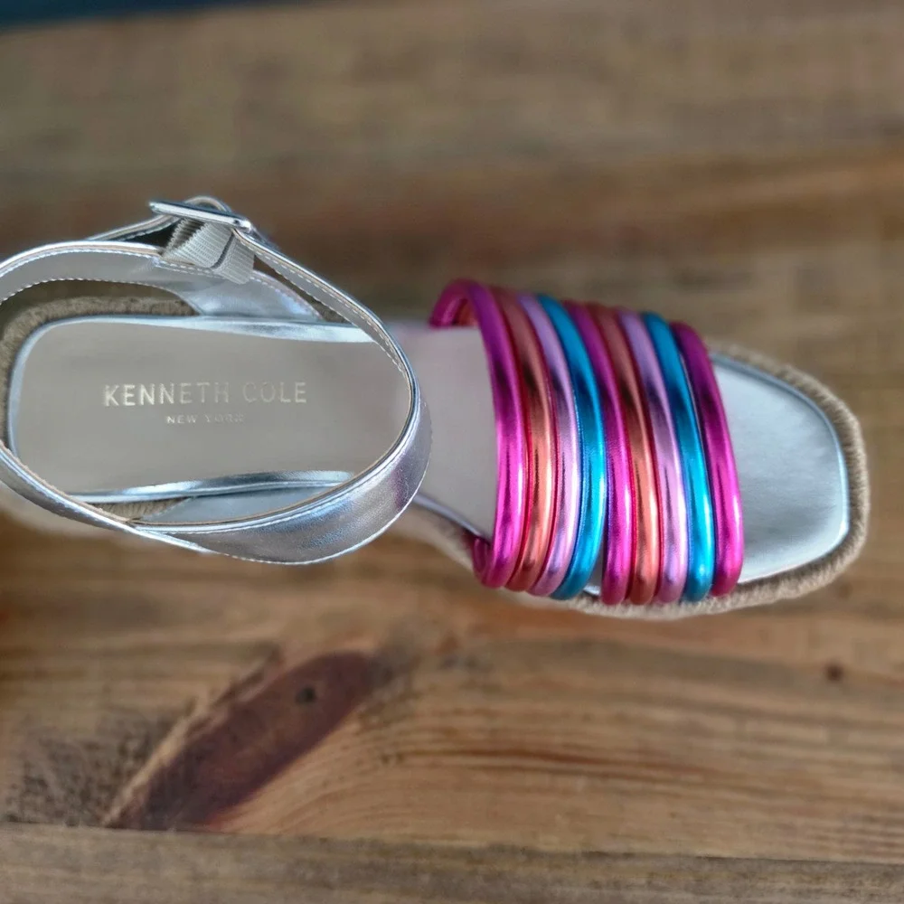 Kenneth Cole Womens Platform Wedge Sandals Silver Multi Metallic Espadrille 5.5M